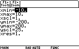 Graphing calculator window settings with X range -10 to 10 and Y range -200 to 200.